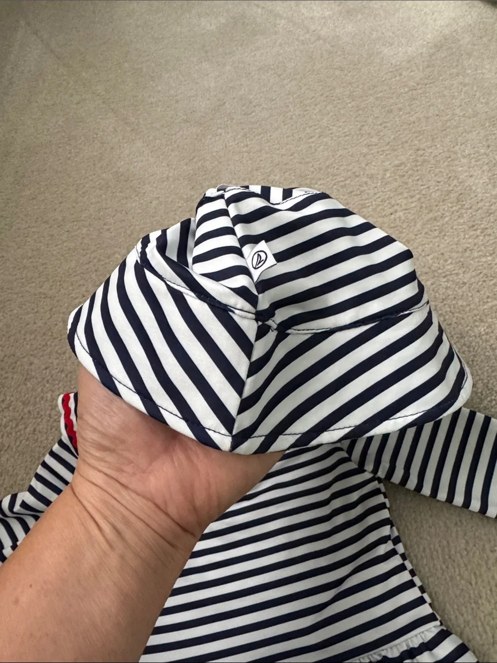 Sperry Navy & White Striped Long-Sleeve One-Piece Swim Set with Red Trim